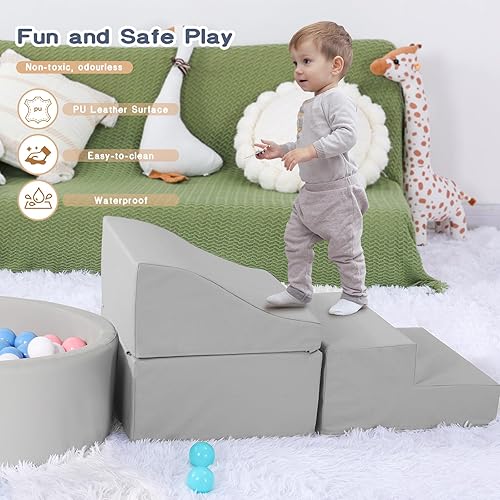 Miniatura 5 de Bloques de escalada de espuma para niños pequeños con 4 juguetes de escalada de cuero sintético y un pozo de pelotas - Piscina de bolas de espuma