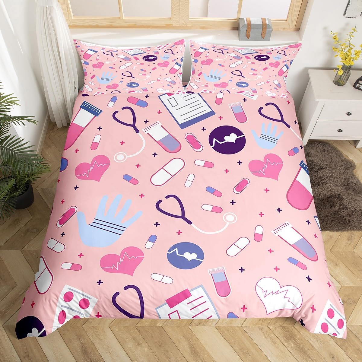 Doctor Nurse Gift Duvet Cover Toddler Size Physician Nurse Graduation Gift Comforter Cover Girlish Pink Style Bedding Set Nurse Gifts Breathable 2 Pieces Decorative Bed Cover(No Comforter)