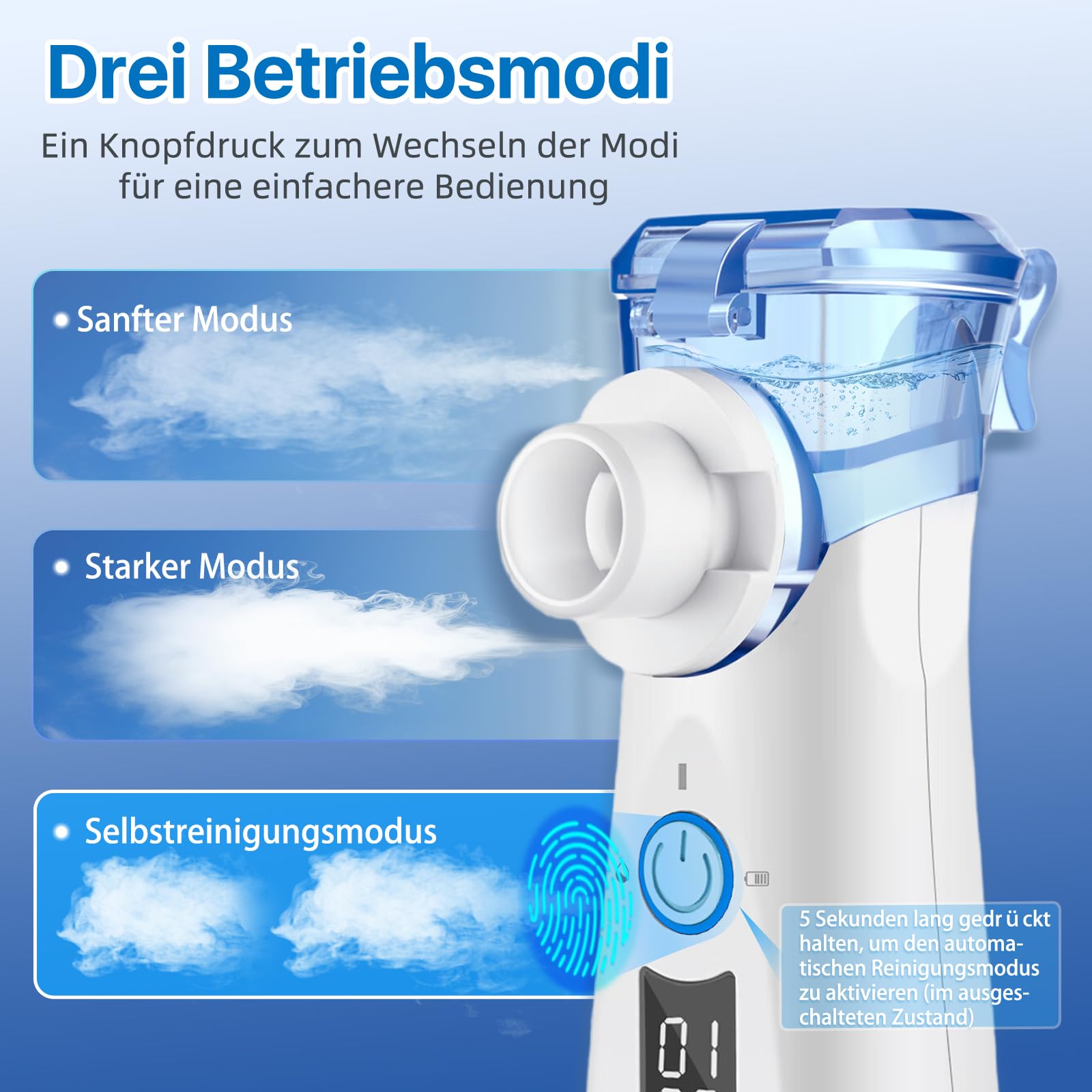 Inhalationsgerät Ultra Leise, Inhaliergeräte für Erwachsene Kinder LED-Bildschirm mit 3 Zeitgesteuerten Sprühmodi Tragbare Typ-C Aufladbar Inhalator mit 2 Masken 1 Mundstück