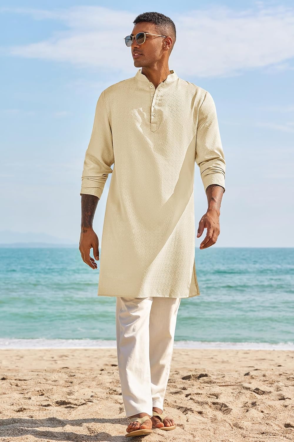 Runcati Mens Kaftan Thobe Textured Henley Shirt Long Sleeve Robe Casual Muslim Gown Shirt - Image 4