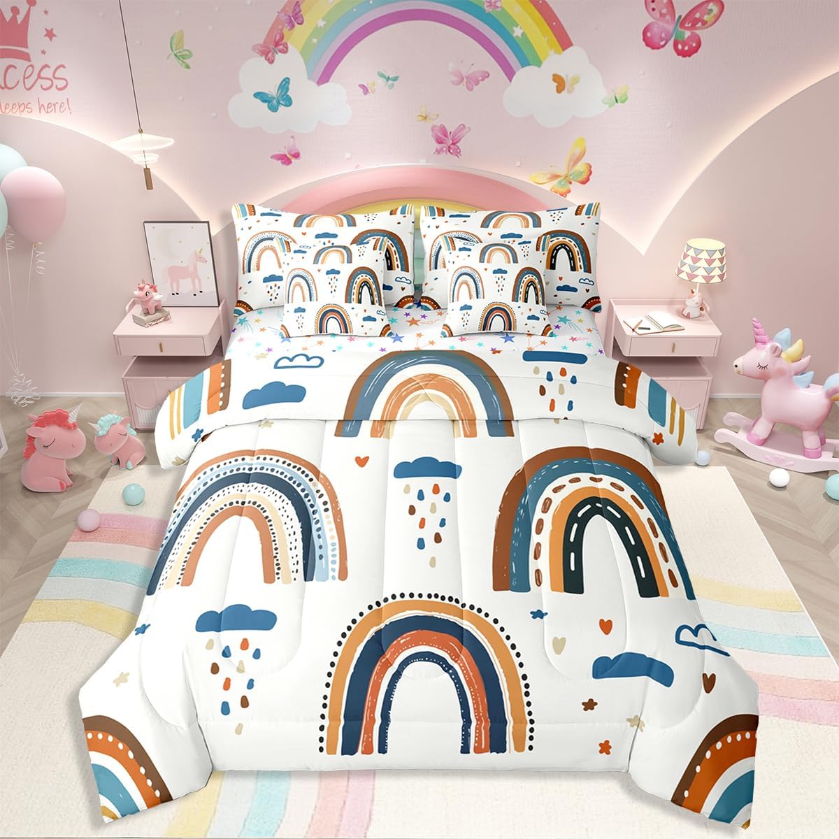 Erosebridal Rainbow Girls Comforter Set Twin Size Kawaii Cartoon Cloud 7 Piece Bedding Set for Kids Teens Women Iridescent Stripes Girly Bed in A Bag Colorful Cute Love Heart Bed Sets Bedroom Decor