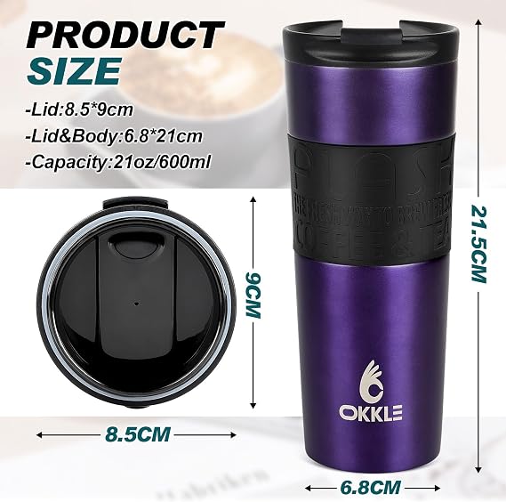 Travel Mugs for Hot Drinks 600ml, Insulated Coffee Mug with Leakproof Lid BPA-Free Coffee Travel Mug, Vacuum Insulation Stainless Steel Cup for Hot and Cold Coffee and Tea