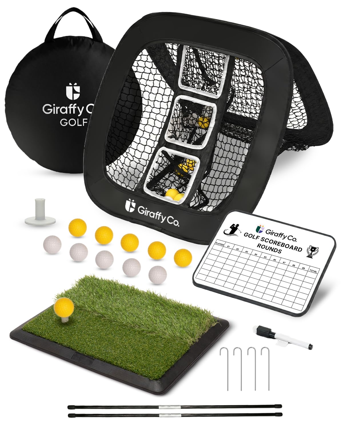 GIRAFFYCO Golf Chipping Netz Spiel mit Dual-Turf Matte, 7v7 Scoreboard