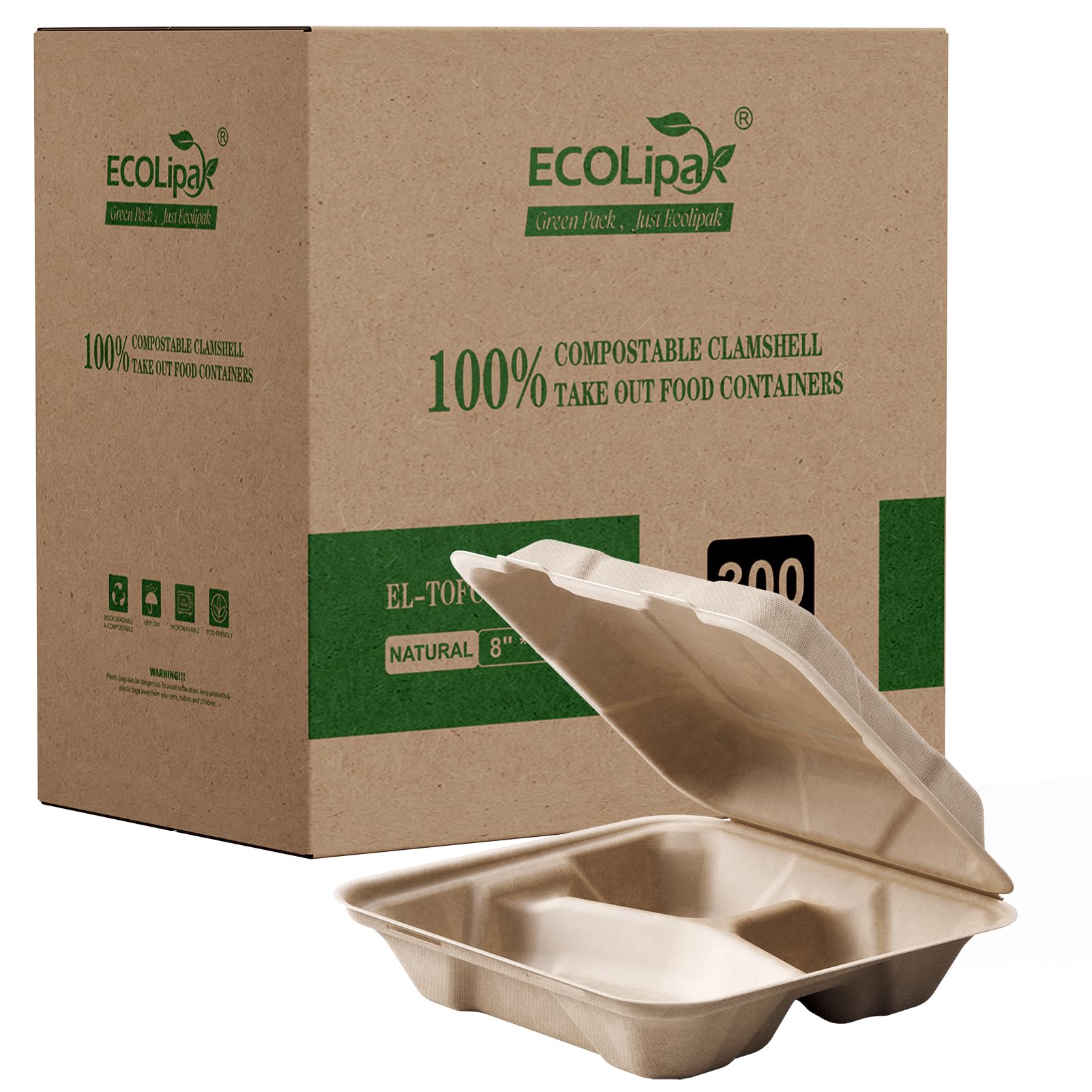ECOLipak 300 Stück Clamshell To Go Behälter, 100 % kompostierbare Einweg-Lebensmittelbehälter, 20,3 x 20,3 cm, 3 Fächer, robuste To Go Boxen