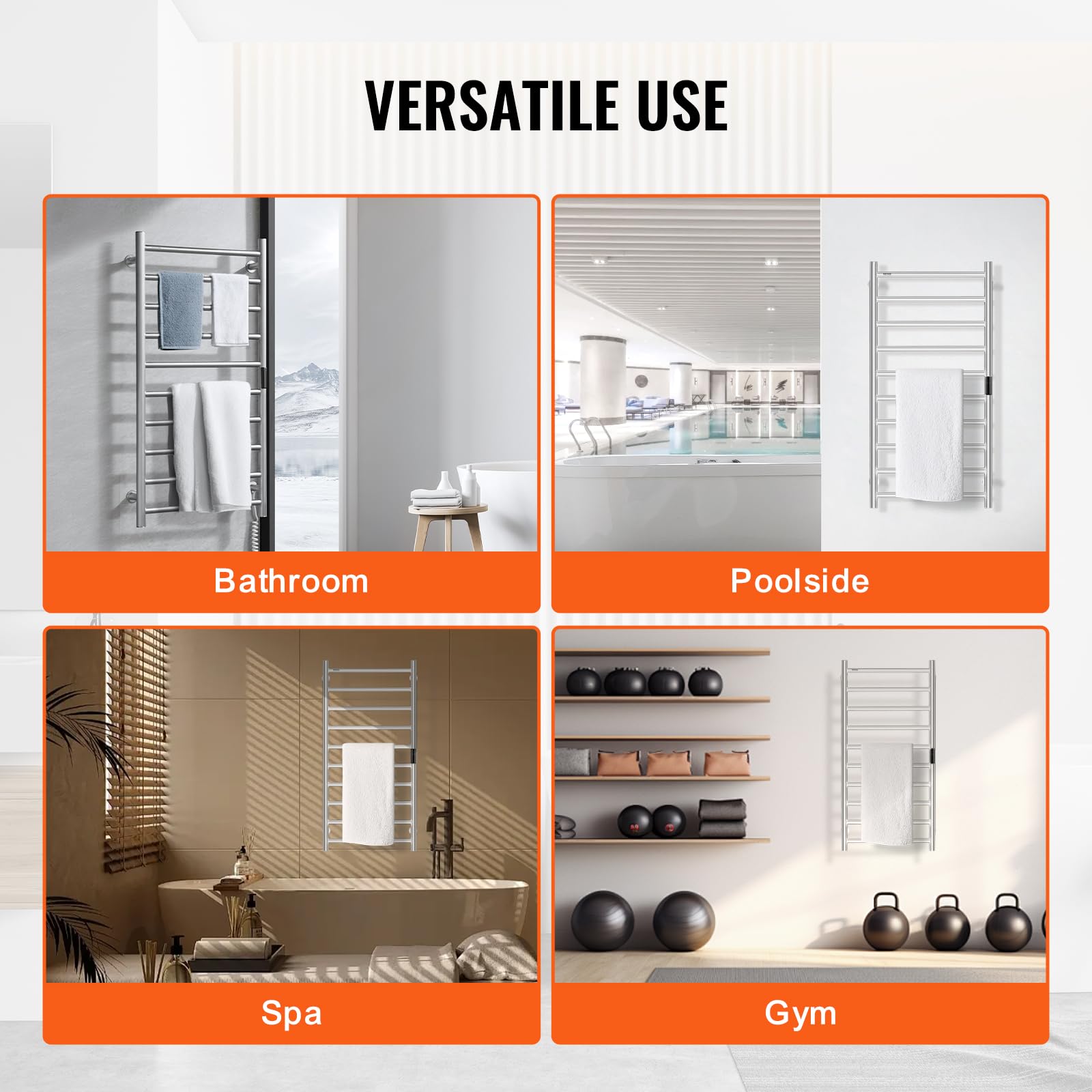VEVOR Calentador de Toallas con Radiador Toallero con 10 Barras Calentador de Toallas Impermeable con Temporizador y Pantalla LED 5 Niveles de Temperatura Ajustables Montado en la Pared, Plata
