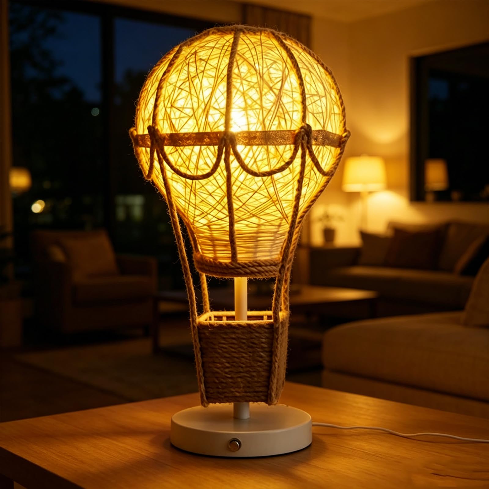 Lampada a Mongolfiera in Rattan e Canapa, Luce Calda Diffusa, Decorazione Boho Unica e Romantica per Camera e Soggiorno