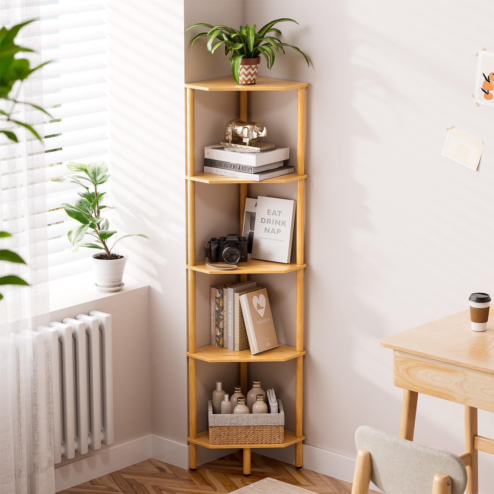 フクれいみシェルフ Amazon.com: Corner Shelf, 5 Tier Bamboo Corner Bookshelf, 54