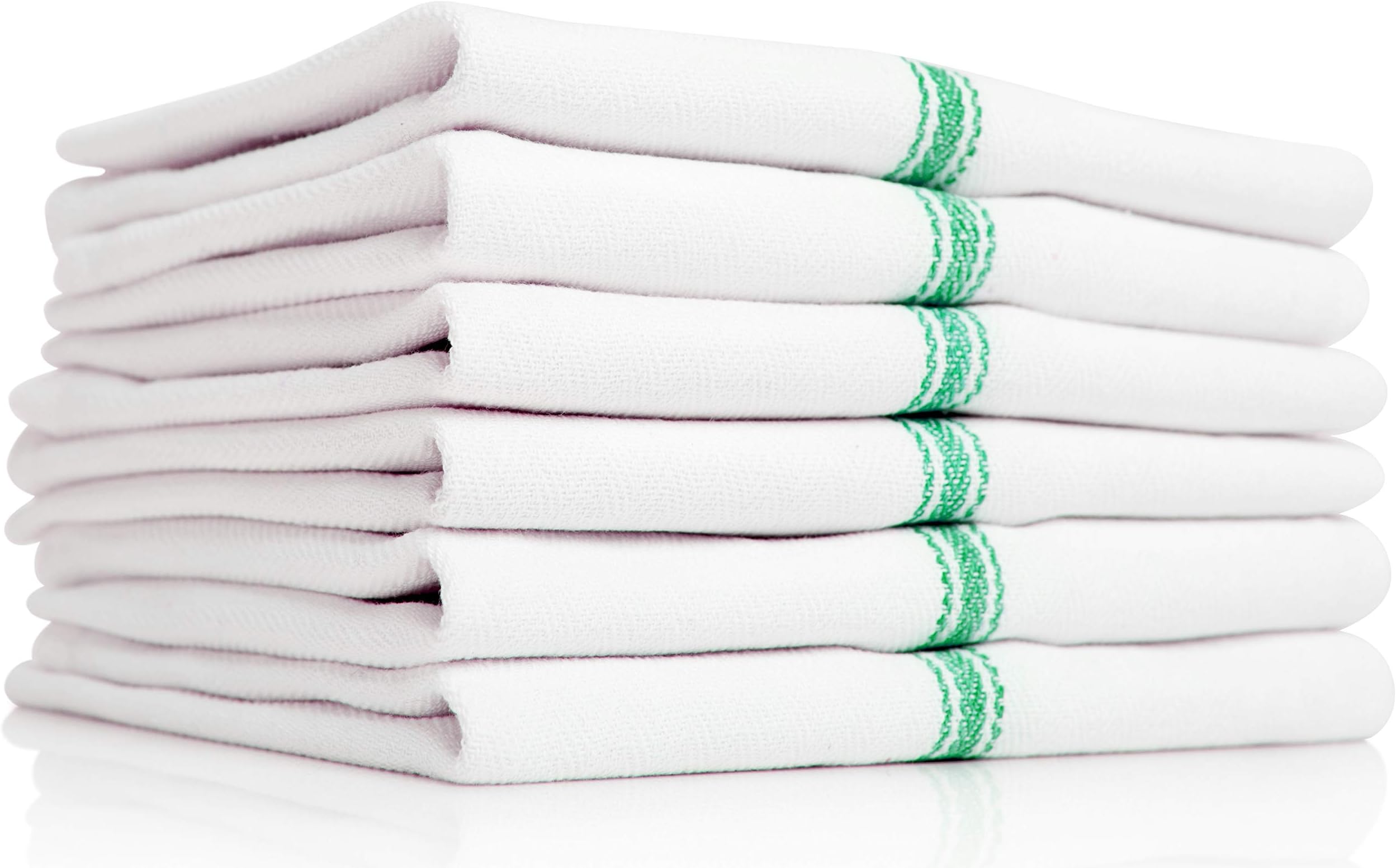 Premia Kitchen12 Green Dish Towels - Absorbent 100% Cotton Herringbone (14"x25") - Commercial Quality: 24 oz/dz - White Classic Tea Towels in Green Stripes - Low Lint
