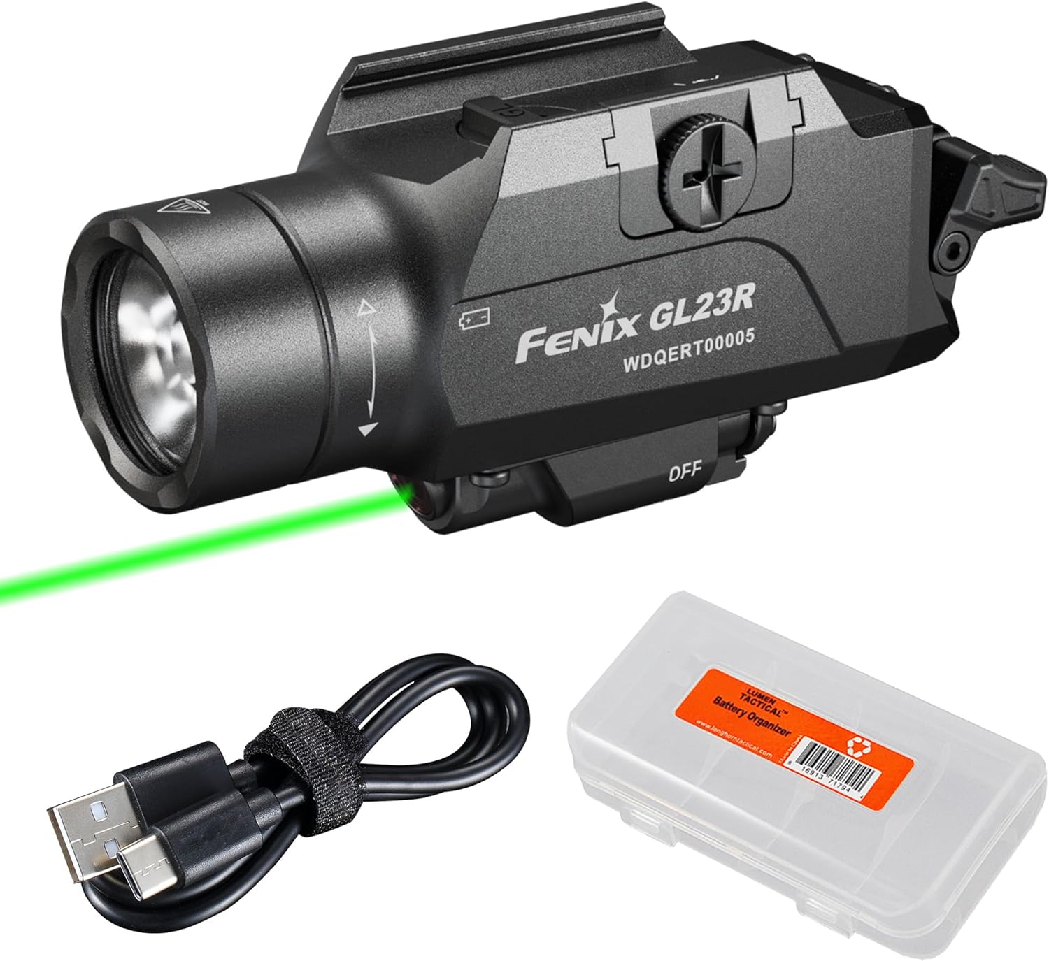 Fenix GL23R 1200 Lumen Rail Mounted Tactical Flashlight, USB-C Rechargeable, Compatible with 1913 or GL Rail with Green Beam and Organizer