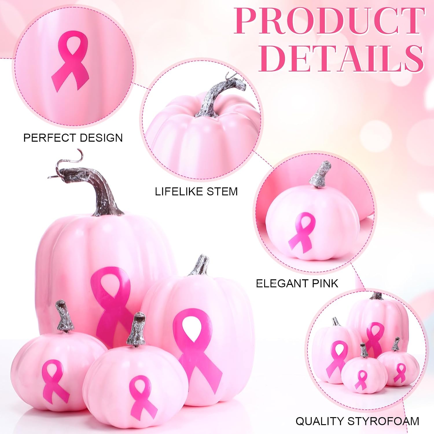 Colingmill 7 Pcs Breast Cancer Awareness Decoration Artificial Pumpkins Bulk Pink Ribbon Faux Foam Pumpkins Gift for Fall Table Centerpiece Halloween Party Home Decor, 4 Sizes(Light Pink)