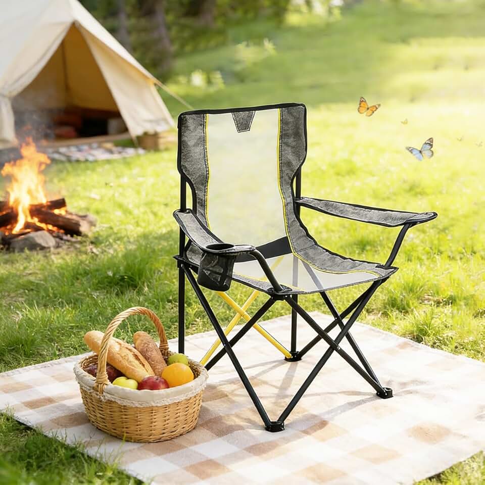 Cadeira Dobrável de Camping com Porta-Copo, Estrutura em Aço, Assento em Tela Respirável, Cadeira Portátil para Praia, Pesca e Camping