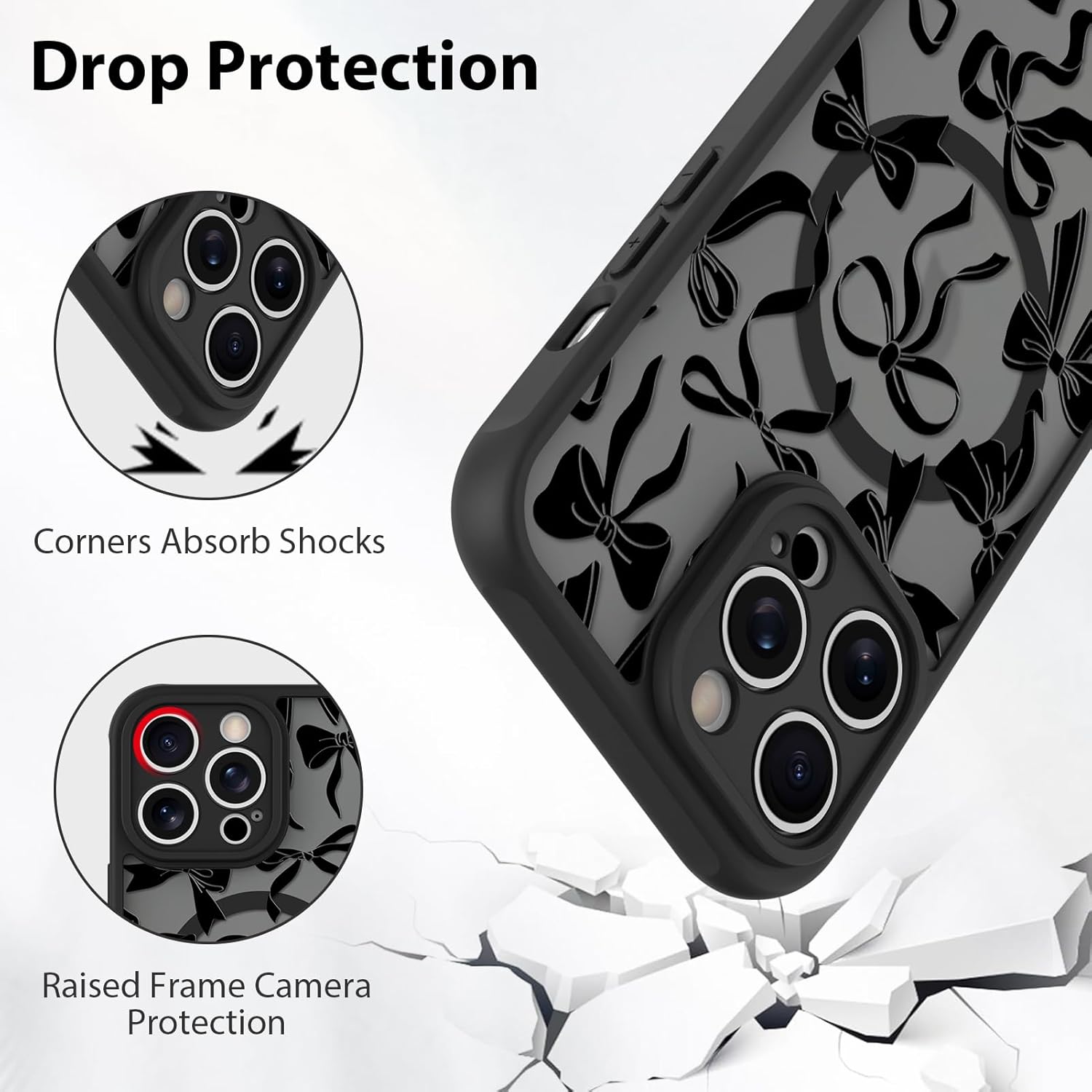 BITOBE Case for iPhone 13 Pro Max [Compatible with MagSafe] Cute Ribbon Bow Pattern for Women Girls Soft TPU Bumper Translucent Magnetic Slim Protective Cover - Black Bows - Image 3