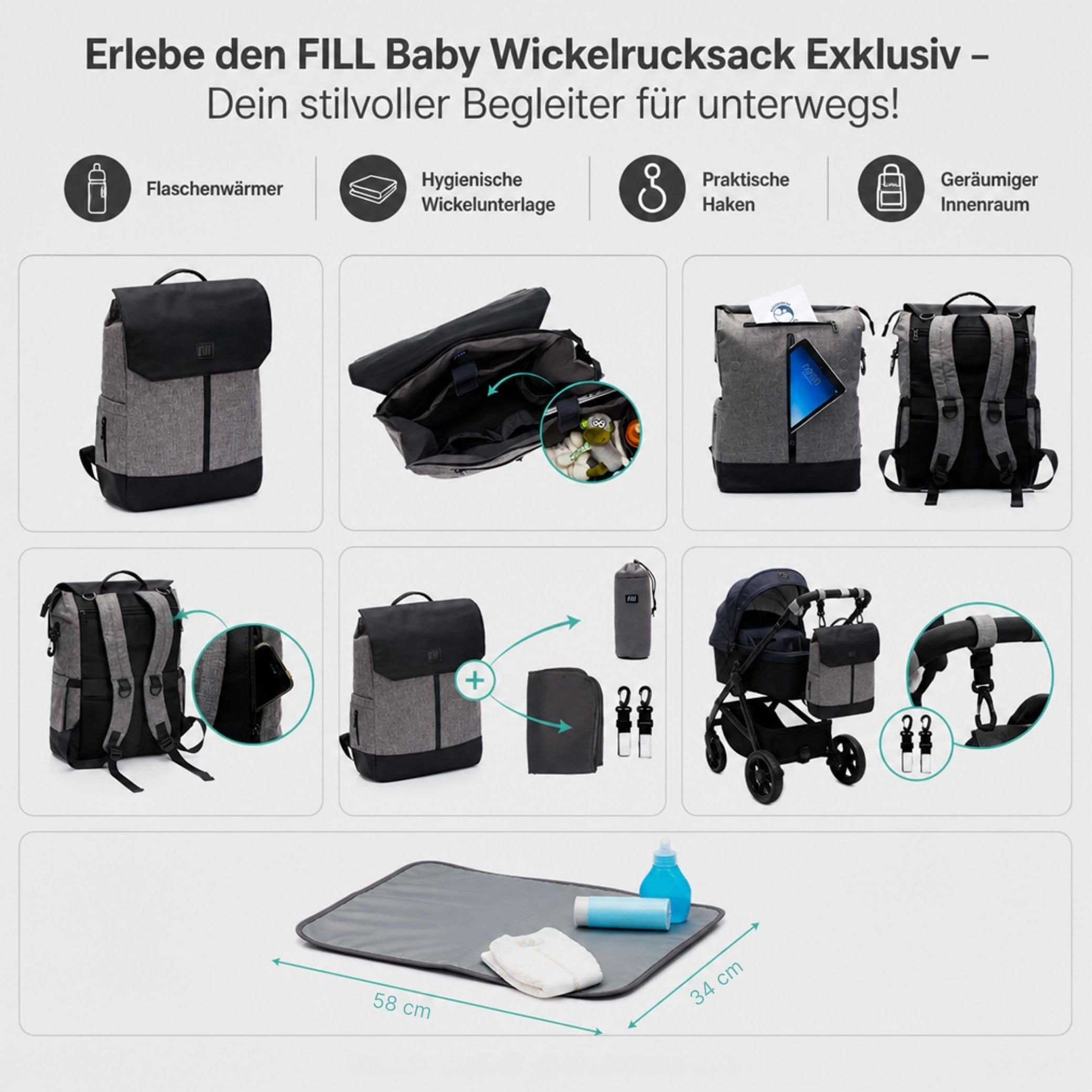 FILL Baby Wickelrucksack Exklusiv | Grosse Wickeltasche Mama Rucksack mit Flaschenwärmer und Wickelunterlage | Babyreisetasche Reisetasche für Unterwegs | Multifunktionale Babytasche