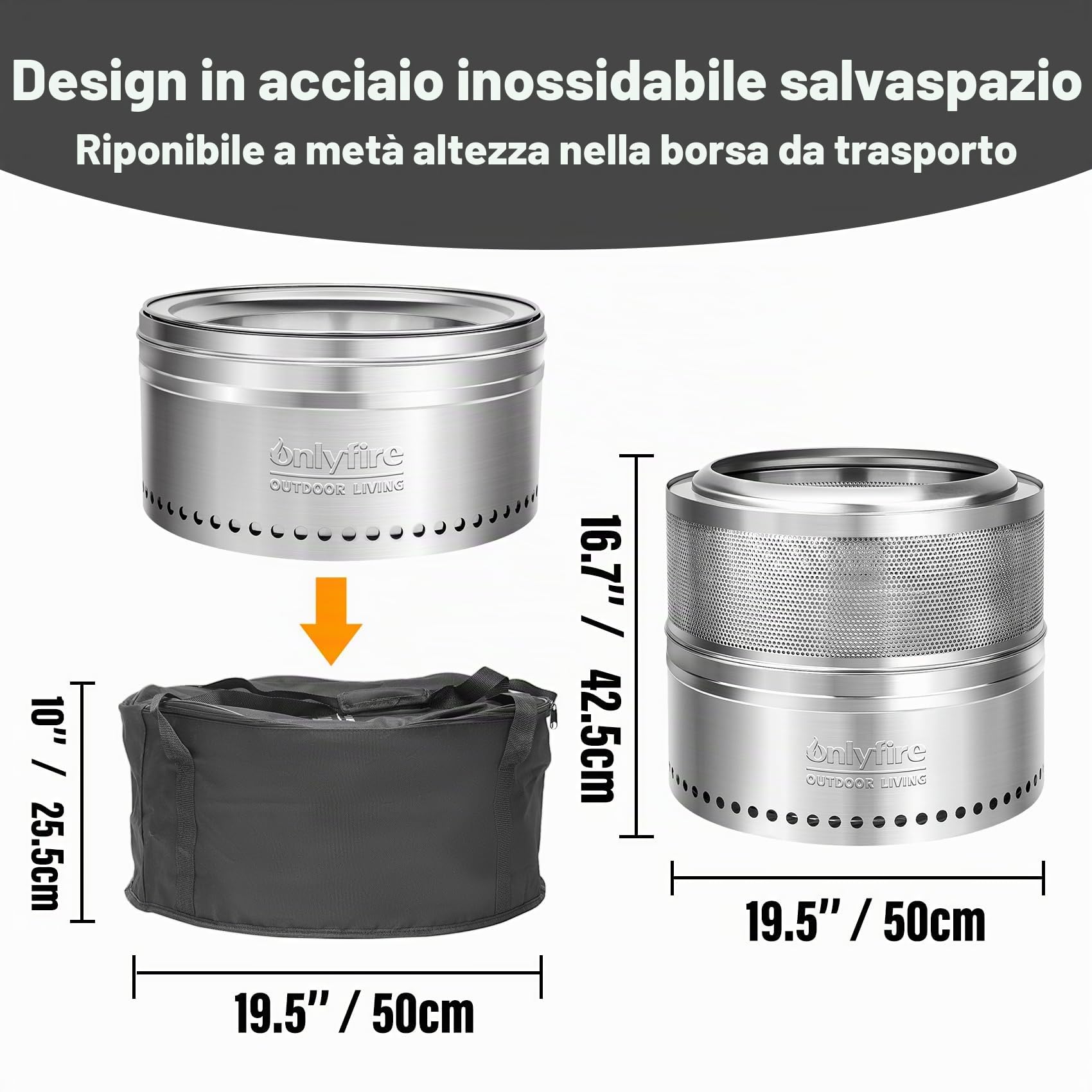 Onlyfire Braciere Senza Fumo Acciaio Inox Ø 50 cm Portatile per Falò All'aperto