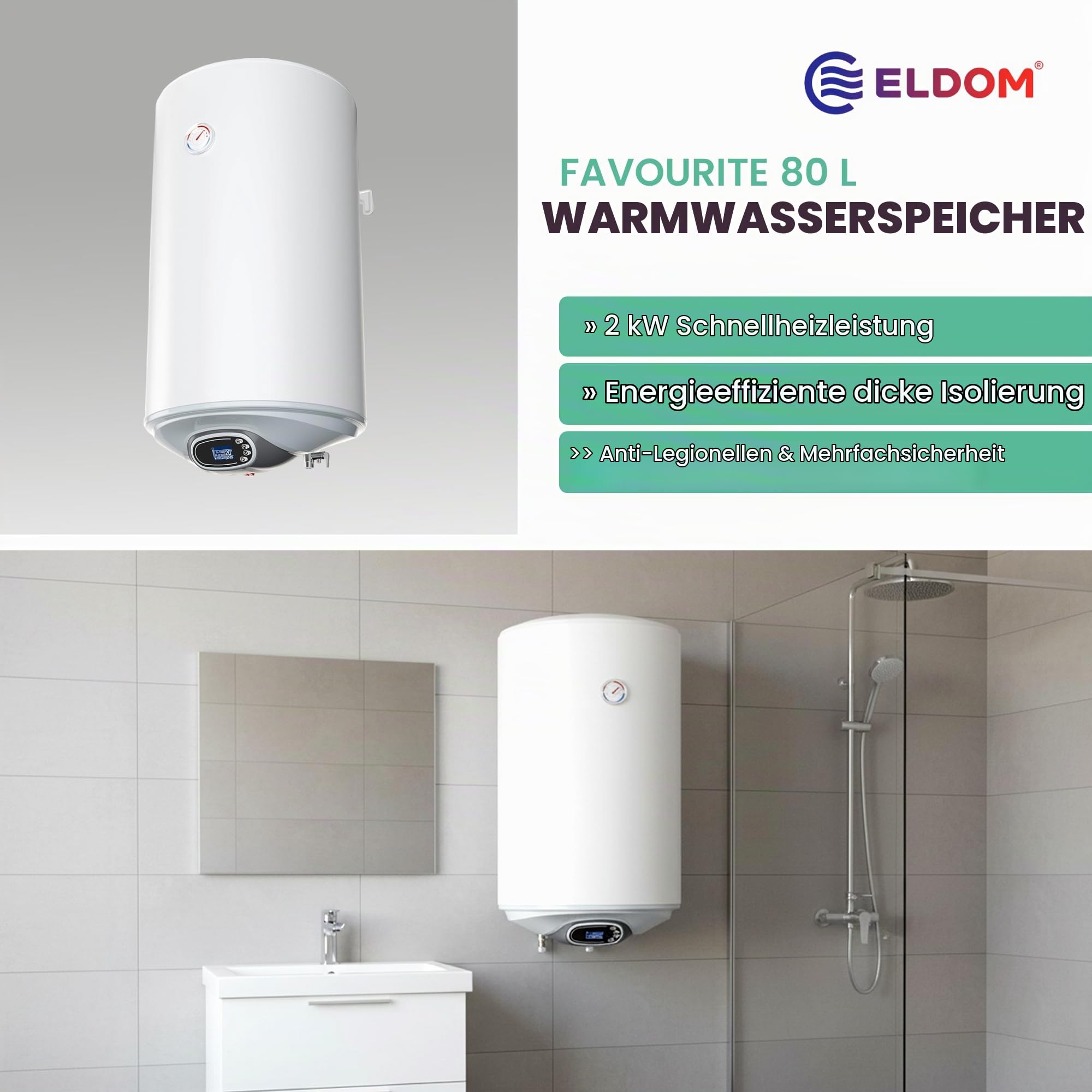 ELDOM FAVOURITE 80 liter Warmwasserspeicher 2 kW. Electronic Control Wi-Fi