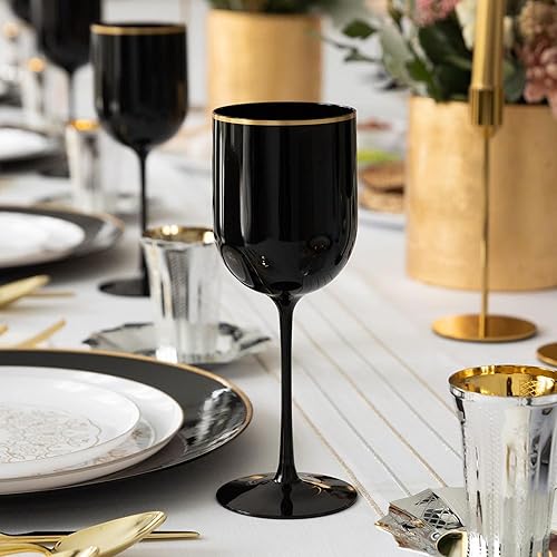 Miniatura 3 de EcoQuality Copas de vino de plástico negro con borde dorado, copas de vino de 12 onzas con tallo, copas de vino desechables inastillables,