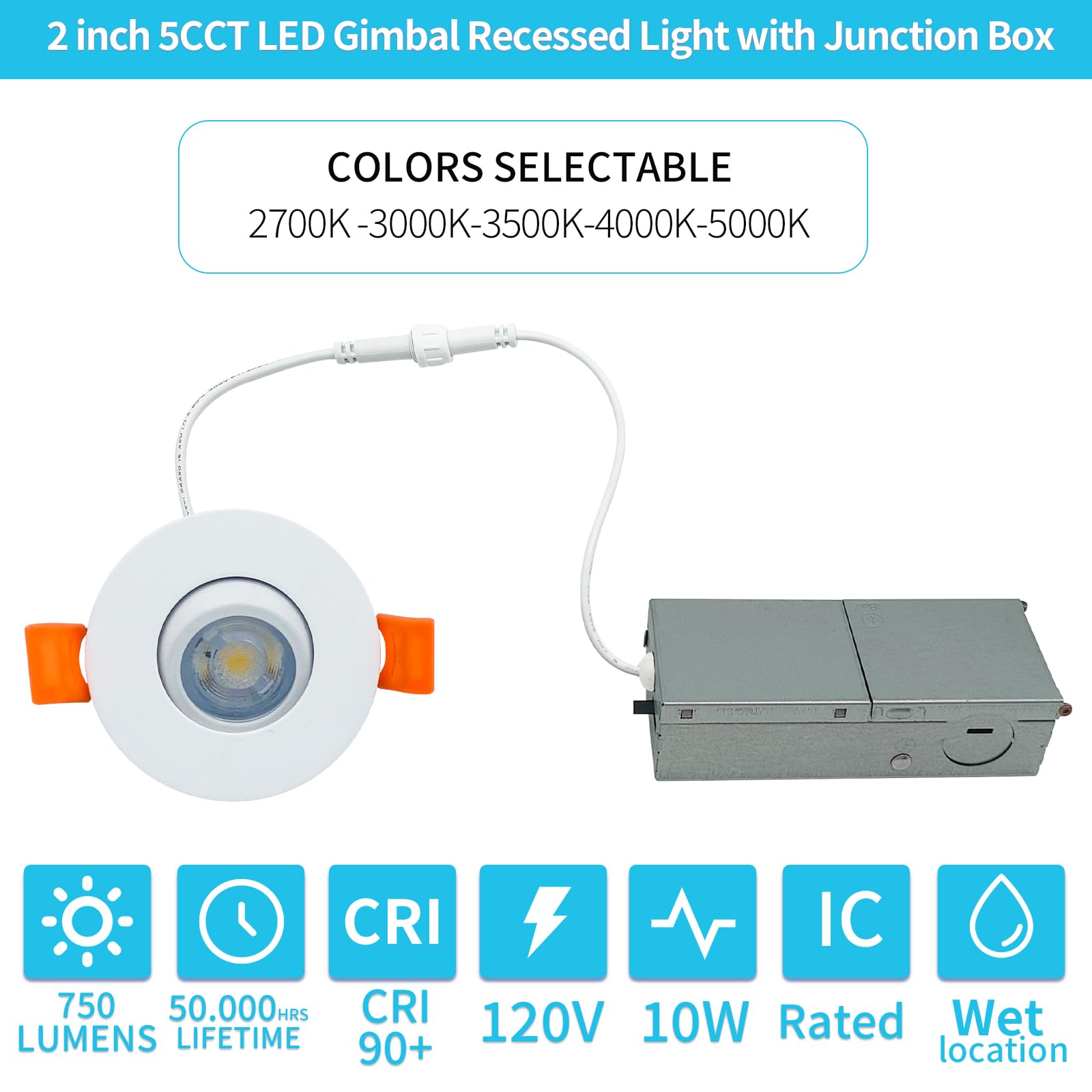 2 inch 5CCT LED Gimbal Led Recessed Light with Junction Box, 40° Beam Angle and 30° Tilted smoothly Eyeball Light, 120V Triac Dimmable, 2.7K/3K/3.5K/4K/5K, CRI>90, 750LM, 10W UL Listed 6PACK