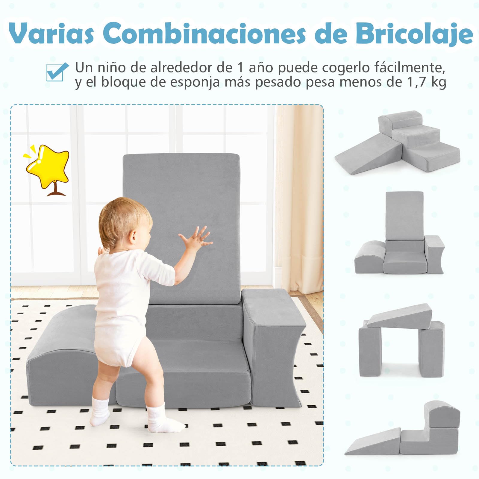 GOPLUS Bloques de Escalada de Espuma con Piscina de Pelotas, 5 Juguetes y Bloques de Escalada con Funda de Tela Suede, Espuma de Alta Densidad, Actividad de Juego Blando para Trepar (Gris)