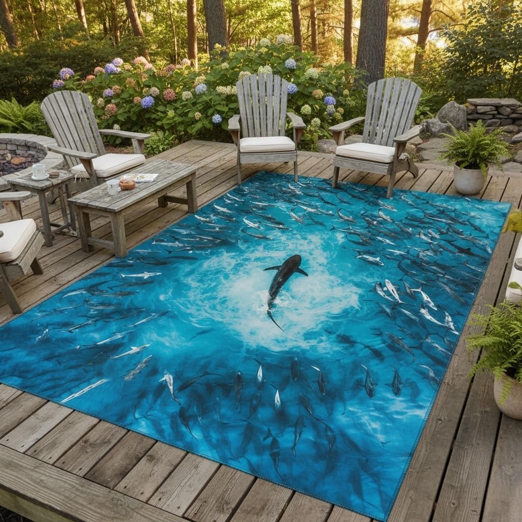 Dark Ocean Blue Coastal Theme Shark Schools Print Waterproof Indoor Outdoor Rug for Patio Pool Deck Backyard Machine Washable No Skid Balcony Garden Outside Rug Kitchen Laundry Floor Carpet 3x5
