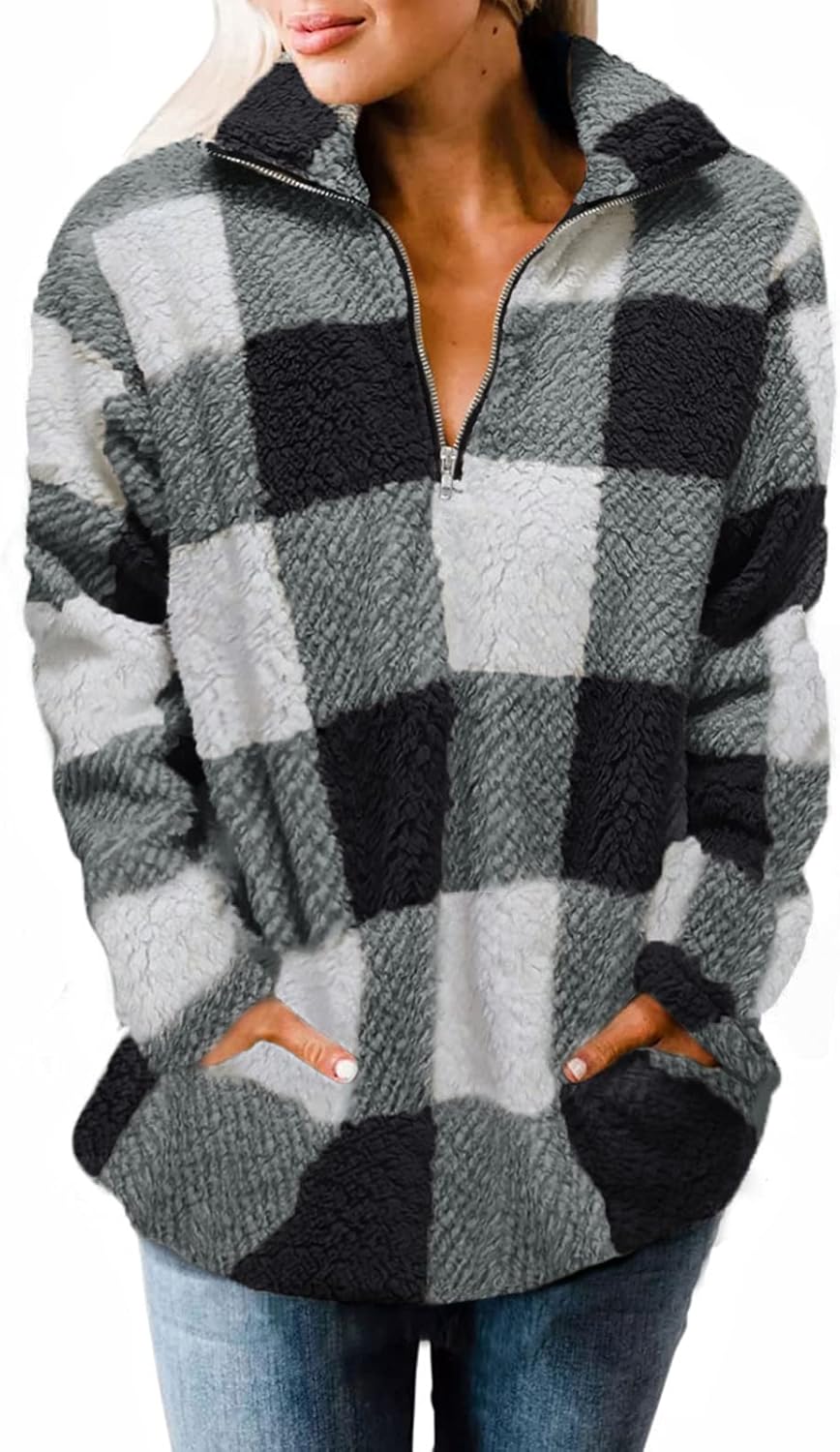 ZESICA Women's Plaid Long Sleeve Zipper Sherpa Fleece Sweatshirt Pullover Jacket Coat at  Women's Coats Shop