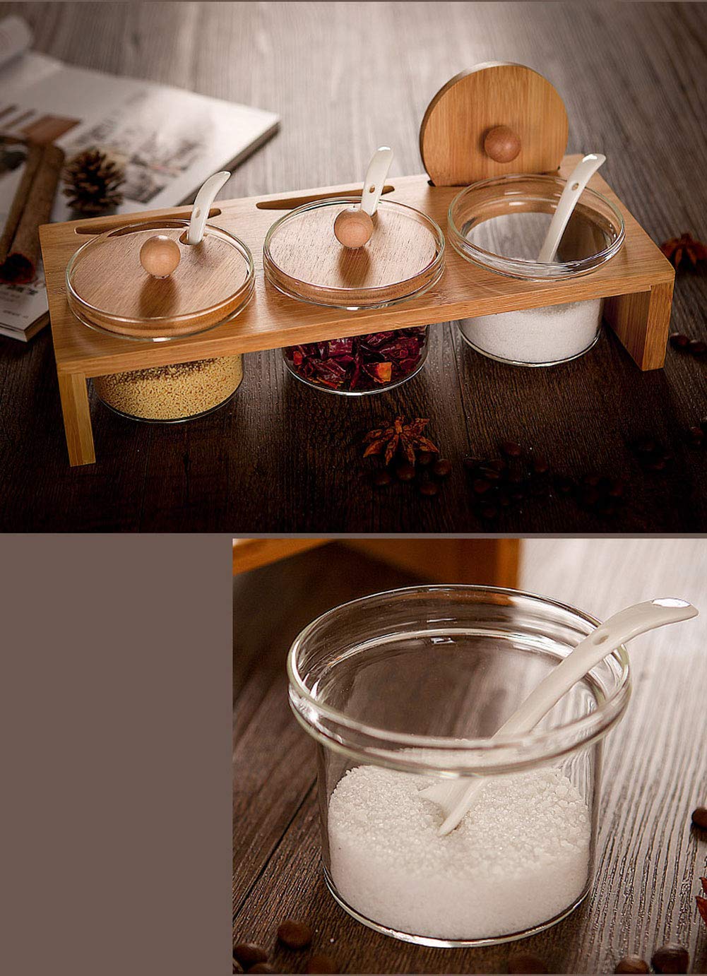 Kreative Zuckerdosen Mit Deckel Und Löffel, Glassalzkocher Zum Kochen Von Restaurants, Gewürztank Mit Holzhalter, Für Salz, Zucker Oder Kaffee, Küchenutensilien