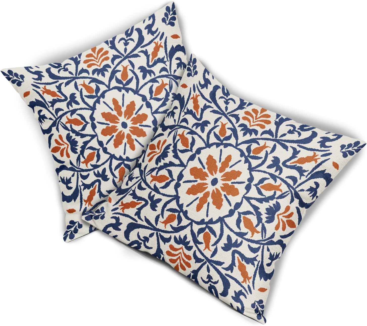 Navy Blue Orange Boho Pillow Covers 18 X 18 Inch Bohemian Ethnic Carpet Style Vintage Flower Print Decorative Throw Pillows Outdoor Linen Cushion Case Farmhouse Decor for Home Sofa Bed Set of 2 - Image 8