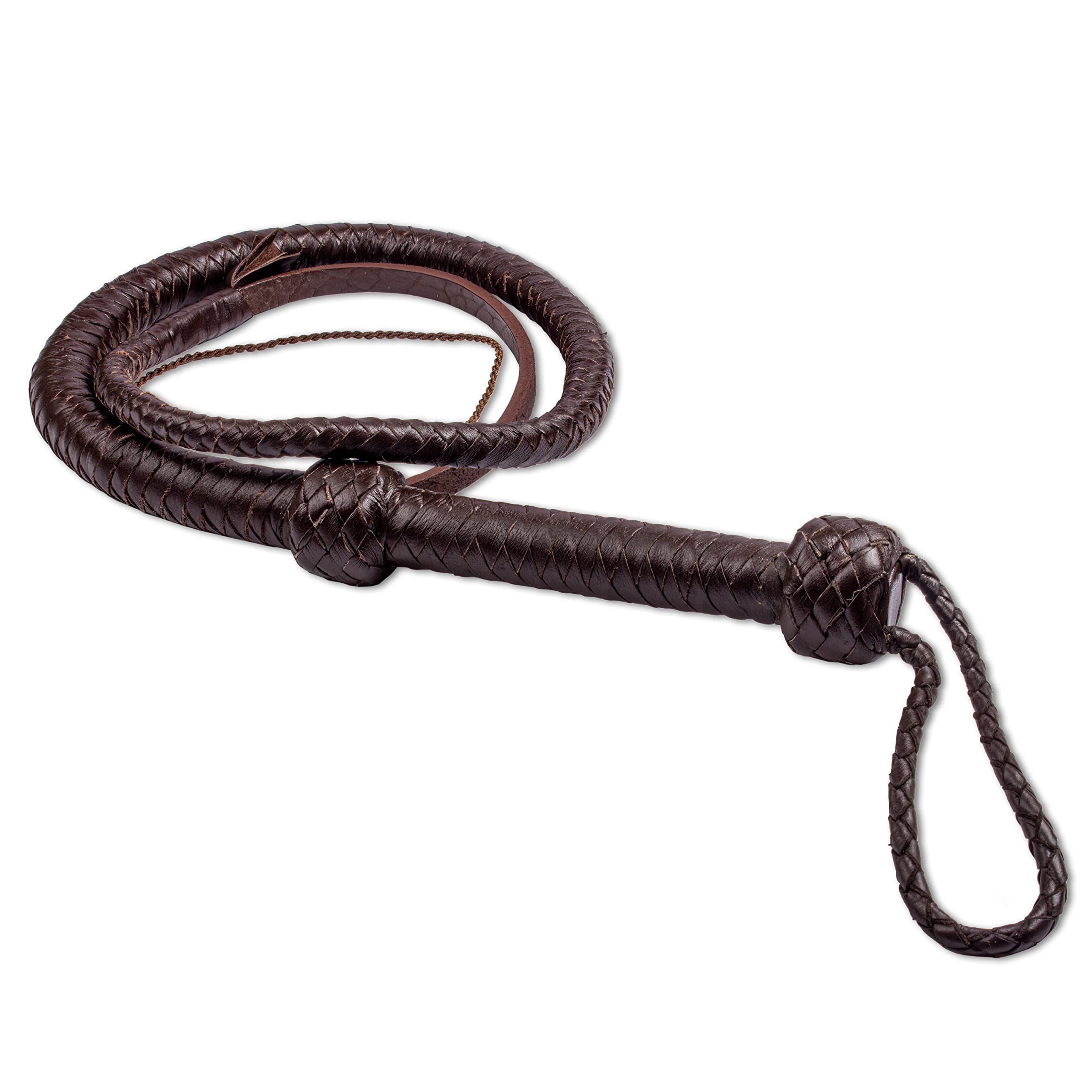 Indiana Jones - Látigo de cuero vacuno real negro y marrón, mango fuerte y bien equilibrado para sonido de agrietamiento con 5 galletas adicionales (marrón, 4 pies - 8 unidades)
