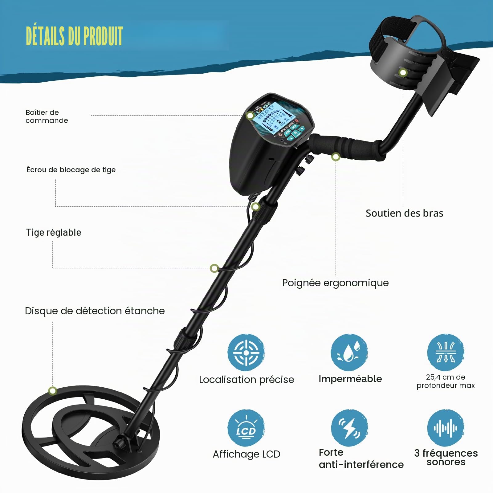 Détecteur de métaux professionnel avec 2 batteries rechargeables,3 modes Détecteurs de métaux pour adultes et enfants,longueur réglable (113-141 cm),détecteur de métaux rechargeable avec bobine (Bleu)