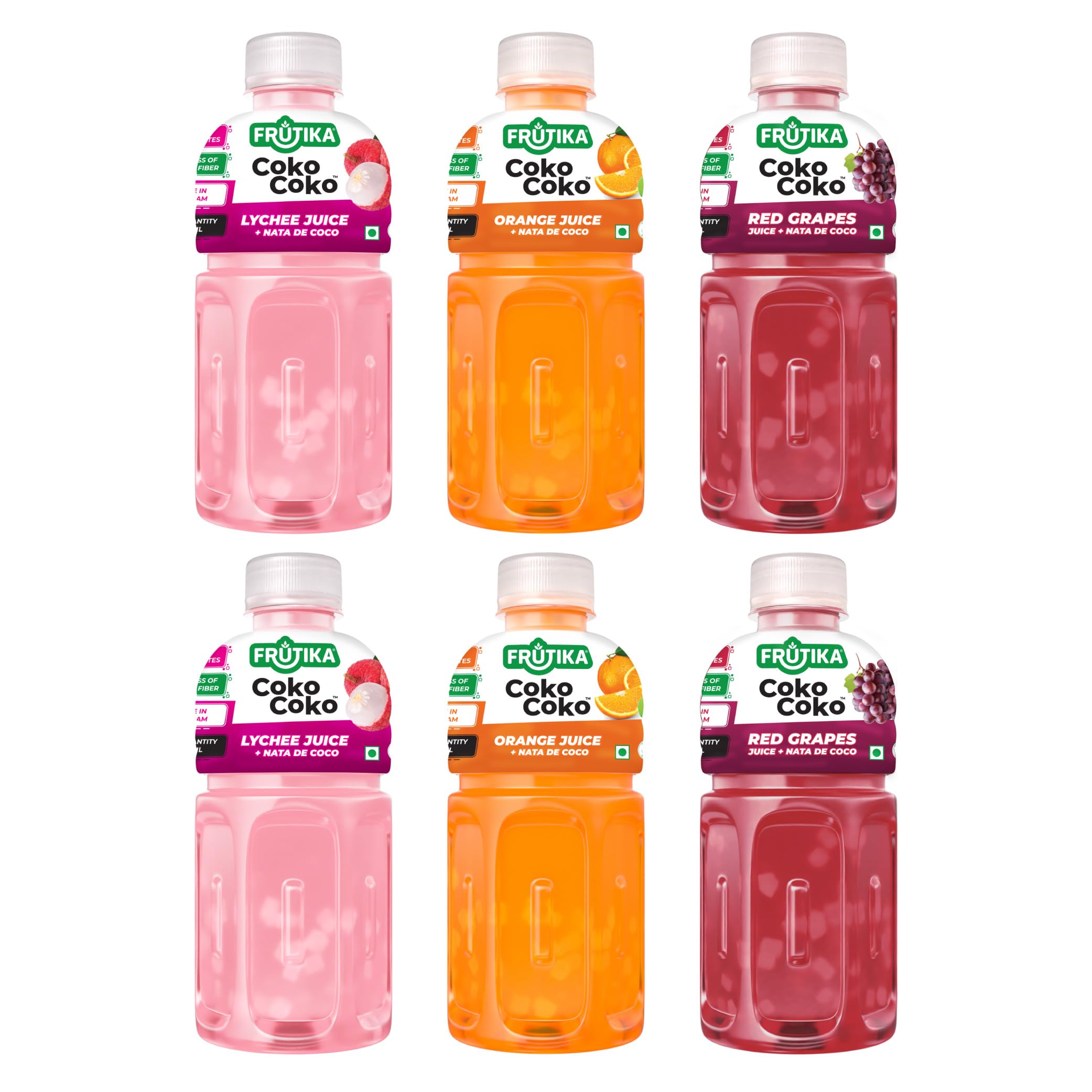 Coko Coko Juice with Nata De Coco |2 x Lychee, 2 x Orange, 2 x Red Grapes| Imported from Vietnam | 25% Juice from fruits | Pack of 6 x 320ml each