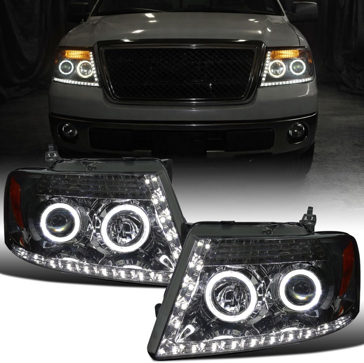 Ronnin - Fits 2004-2008 Ford F150 Lincoln Mark LT Pickup Truck LED Running Lights Upgrade Replacement Projector Headlights Assembly Pair | Smoke