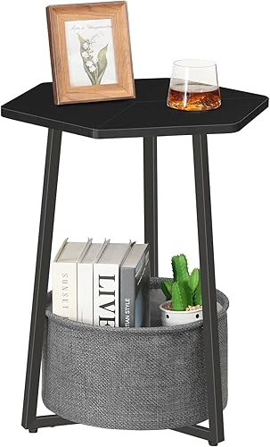 Mesa auxiliar pequeña, mesa auxiliar, mesita de noche moderna con cesta de tela, mesita de noche hexagonal, mesa auxiliar de sofá para sala de