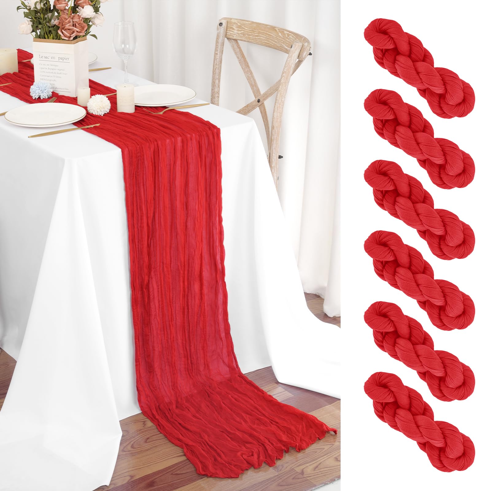 Teruntrue 6 Pack Red Cheesecloth Table Runner 55x300 cm Boho Gauze Cheese Cloth Table Runner for Wedding Party Baby Bridal Shower Birthday Decorations — image 1