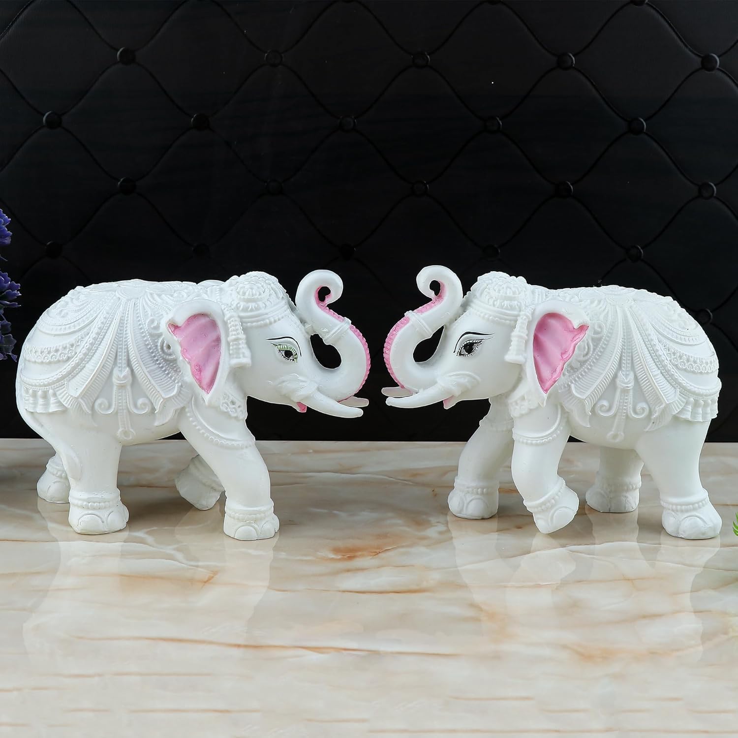 Artyog Pack of 2 White Elephant Showpieces Home Decor for Living Room, Table, Shelf, 5 x 4 inch Elephant Marble Resin Statue for Vastu, Feng Shui, Office Decor, Gifting
