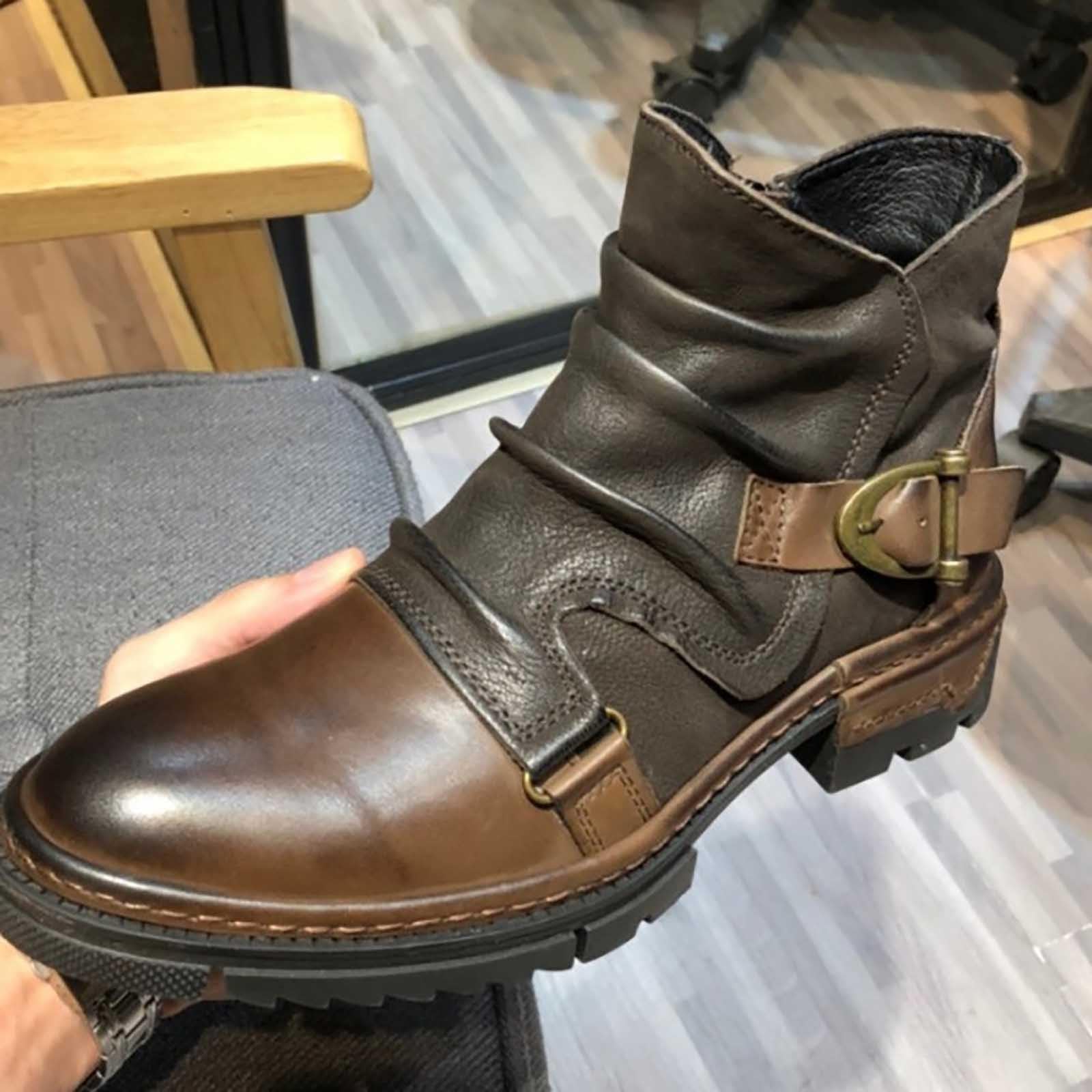 Generisch Stivaletti da uomo con tacco nero, scarpe da trekking per uomo e donna, scarpe da lavoro per attività all'aria aperta, suola leggera e spessa, antiscivolo, stivali corti in pelle con tacco