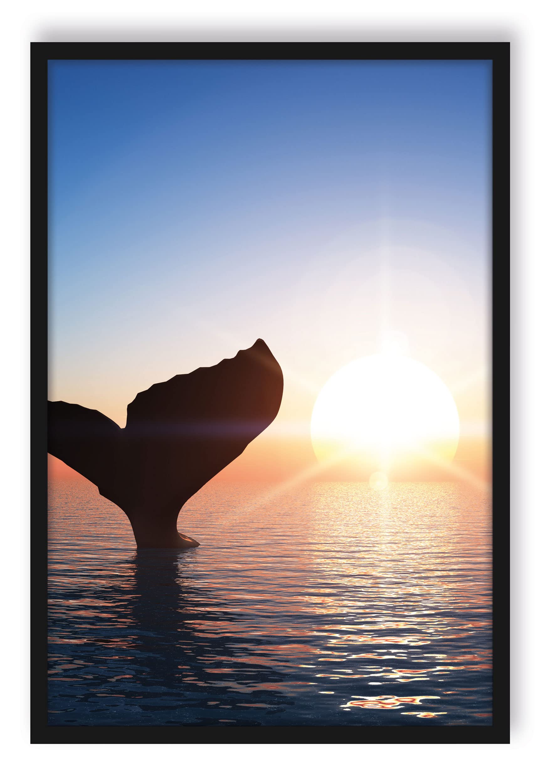 Pinna balena al tramonto, poster in cornice, formato: 80 x 60 cm, stampa artistica incorniciata