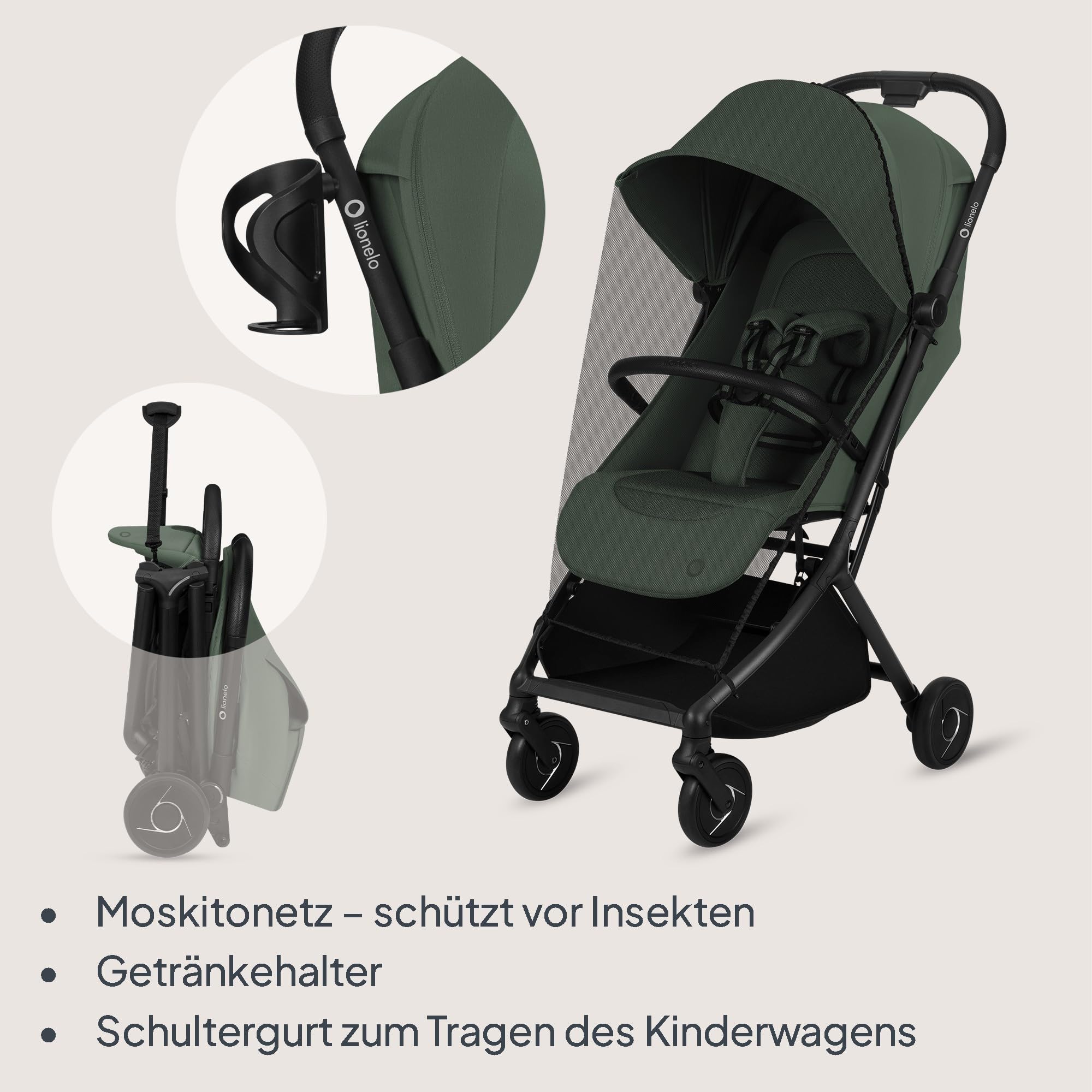 Lionelo Sia Reisebuggy ultraleicht & ultrakompakt faltbar, 5,9 kg, bis 22 kg, 6 Monaten bis 4 Jahre, Liegeposition, Federung, UPF50+ Verdeck, Moskitonetz, Einkaufskorb 3 kg, Becherhalter, Tragegurt