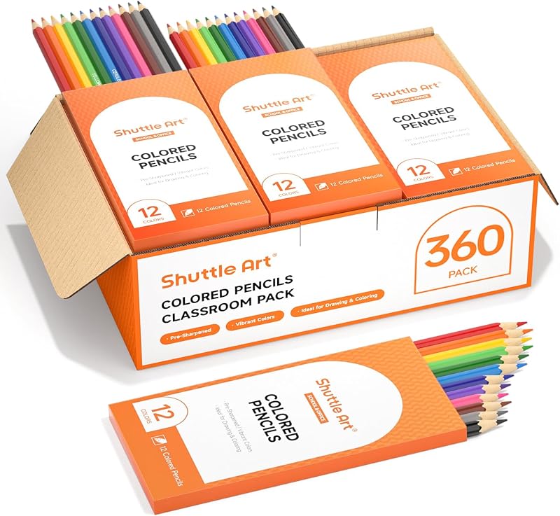 Shuttle Art 360 lápices de colores a granel, 12 colores surtidos, paquete de 30, lápices de colores resistentes a roturas, preafilados para niños, paquete a granel de útiles escolares para profesores y estudiantes