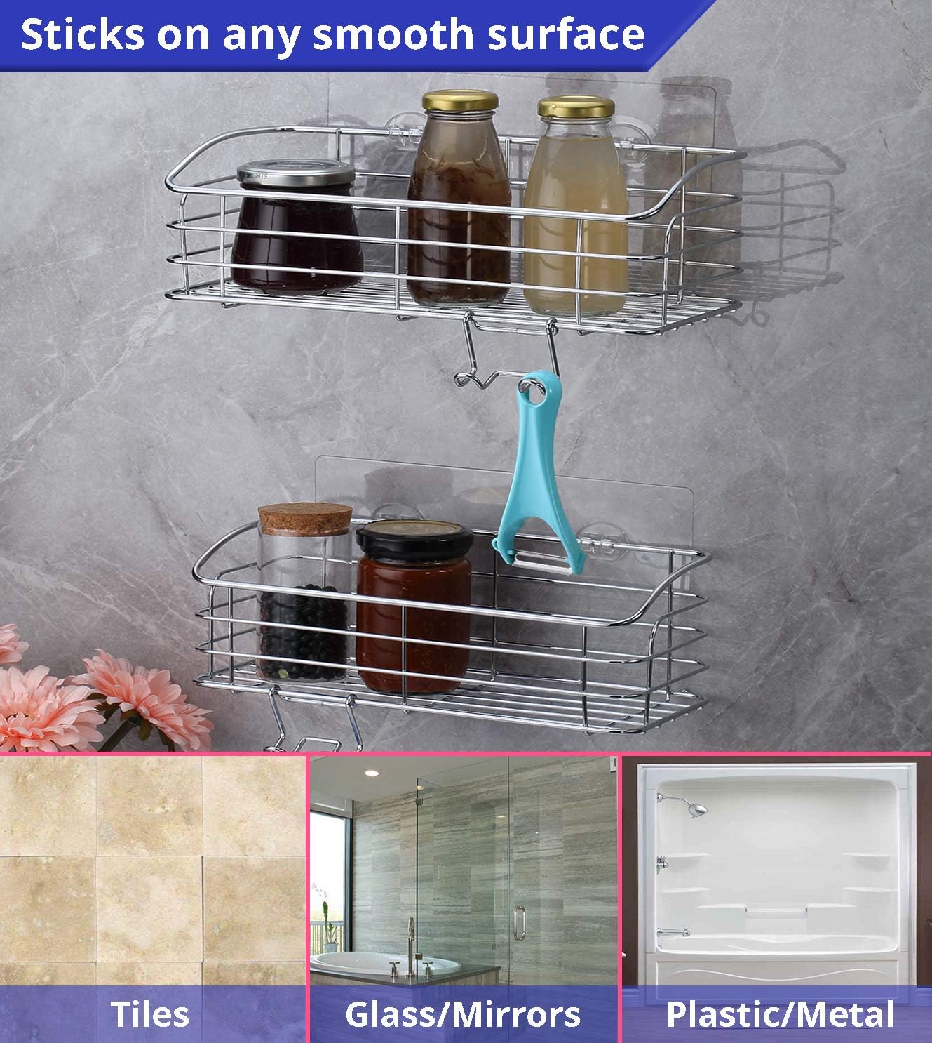 HOME SO Large Bathroom Caddy with Adhesive - Rustproof Stainless Steel Shower Kitchen Storage Organizer - Easy to Hang Shelf, No Drilling, No Sticky Residue - Wall Rack, 2 pack…