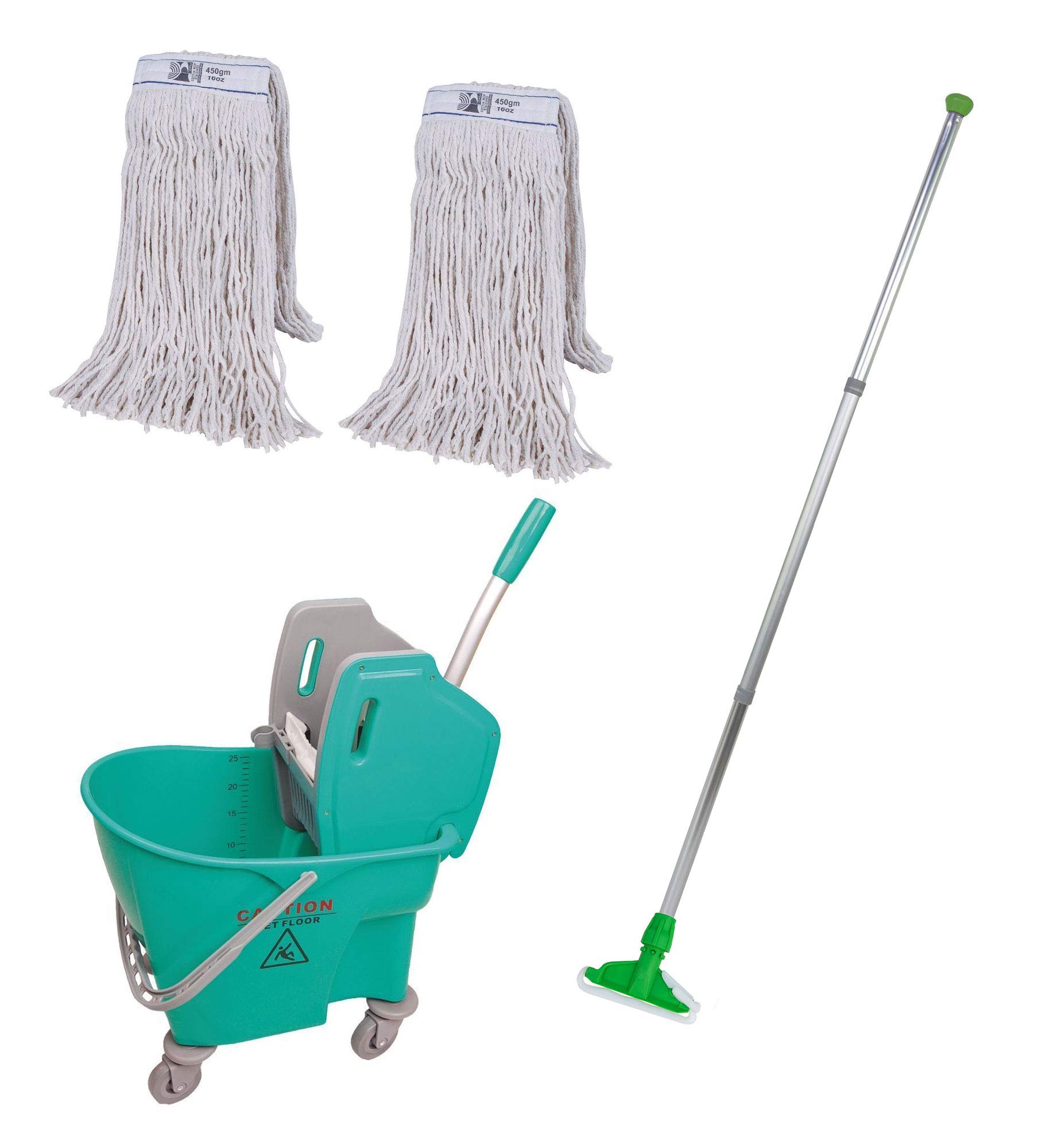Abbey Professional Heavy Duty Kentucky Mop Handle and Bucket with two 450g Kentucky Mop Heads – Commercial Mop and Bucket Set for Cleaning Hard Floors - Kentucky Mop Bucket 25L – Green