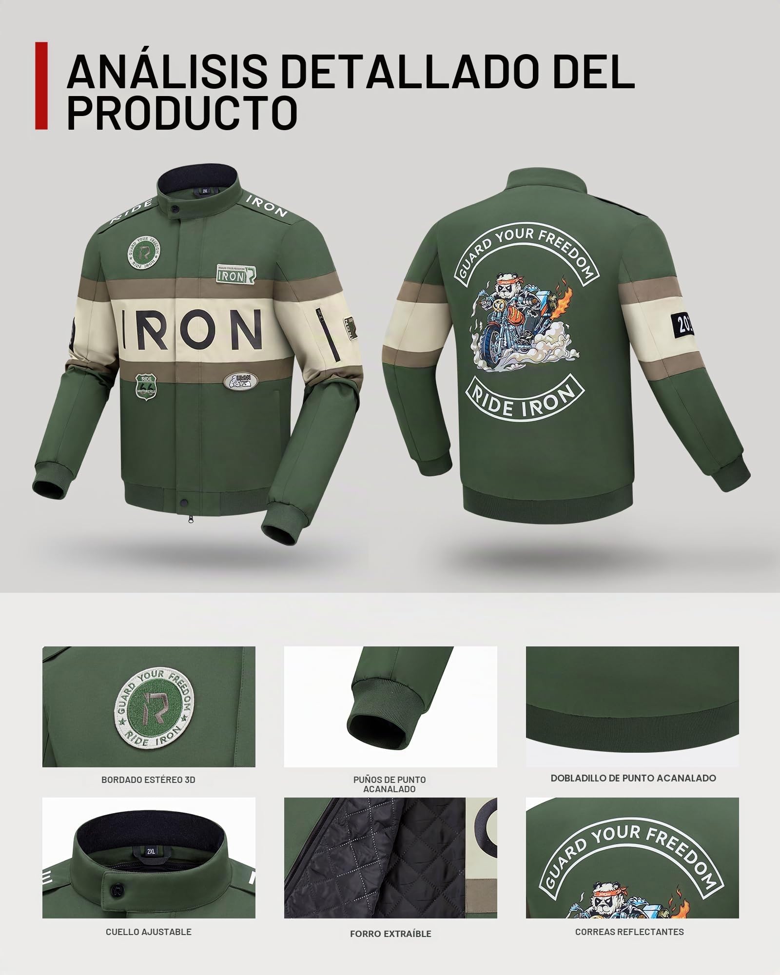 RIDEIRON Chaqueta Moto Hombre con Protecciones CE – Chaqueta Motociclista 4 Estaciones con Forro Térmico Extraíble, Transpirable y Resistente, Diseño con Bordados y Gran Estampado M-XXL