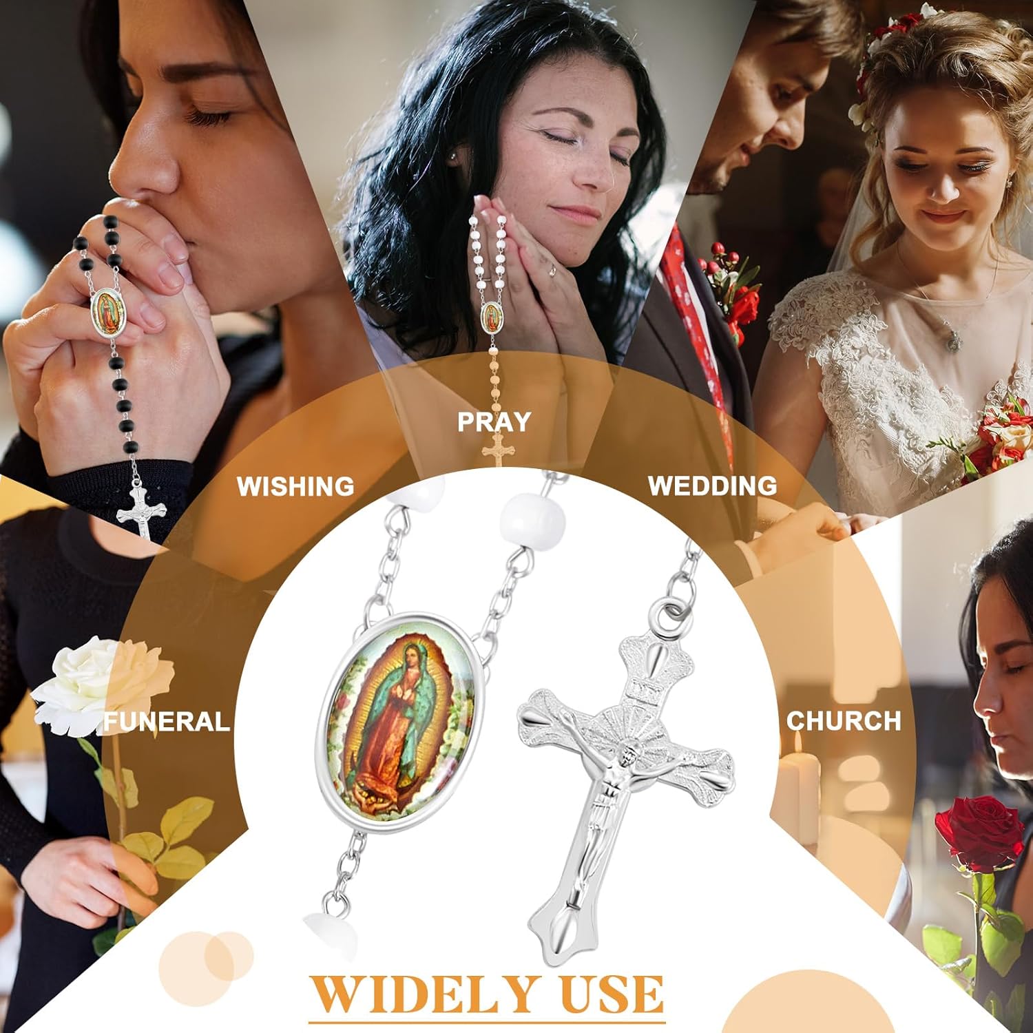 Taiyin 18 Pcs Wooden Bead Rosary Necklace with Crucifix and Our Lady of Guadalupe Scented First Communion Rosary Bulk with Organza Bags Baptism Favors Catholic Gift for Men Women (Black and White) - Image 6