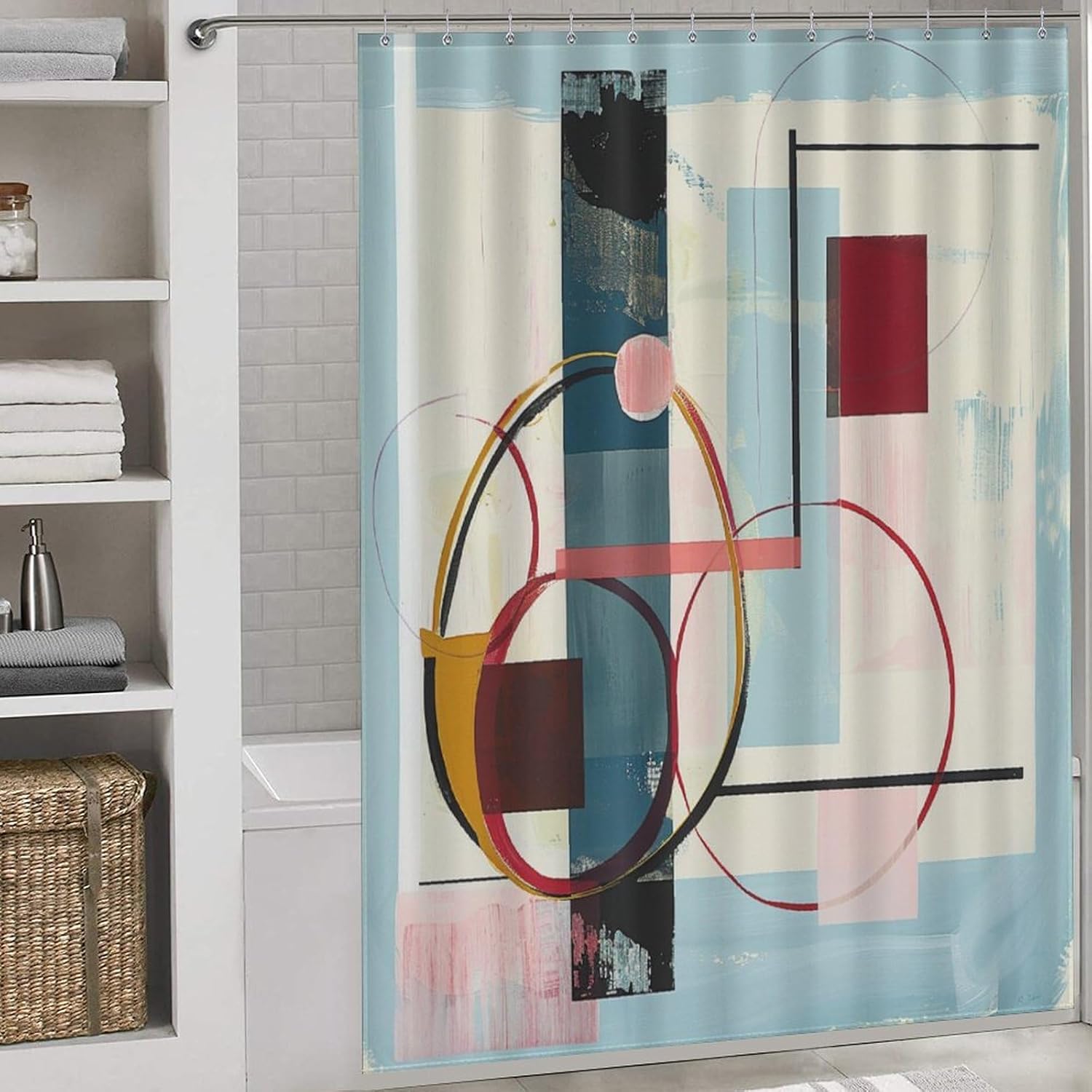 Red Light Blue Geometrical Shapes Art Shower Curtains Modern Colors Shower Curtain with Hooks Fabric Waterproof Wide Shower Curtain Bathroom Curtain Decor 66x72Inch