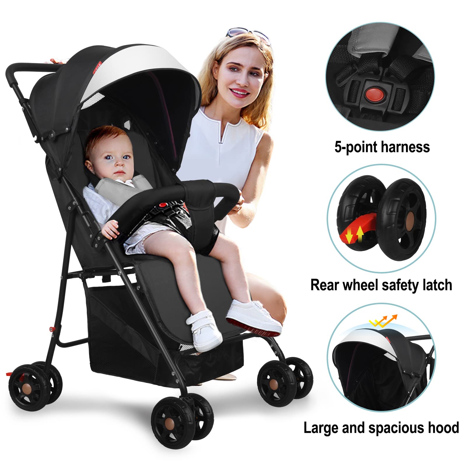 Vinteky Poussette bebe 2 en 1 pliable gain de place avec ceinture de sécurité poignée conforte pour tirer jusqu'à 15 kg Poussette bebe légère, compacte (L)