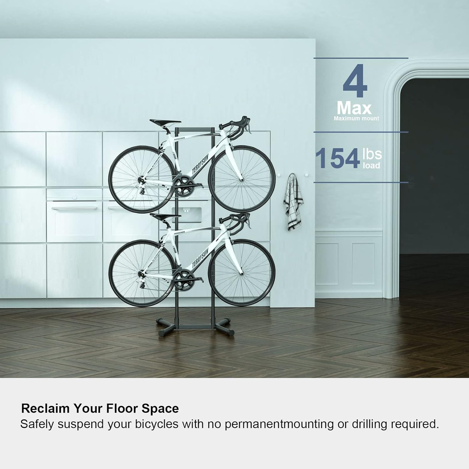 teraysun 4 Bike Horizontal Storage Rack, Heavy Duty No-Drill Indoor Garage Bike Organizer, 154 lbs Capacity for Mountain, Road & Hybrid Bikes