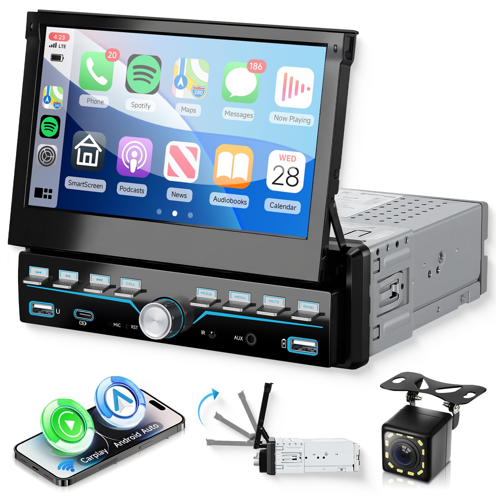 VECHTEL Schermo IPS Tattile Ripiegabile Manualmente da 7'', Autoradio 1 Din con CarPlay Android Auto Wireless, Mirror Link, Bluetooth, Radio FM, EQ, Controllo al Volante, Telecamera, USB/Tipo-C | CarPlay e Android Auto wireless, Bluetooth, Mirror Link, Ra