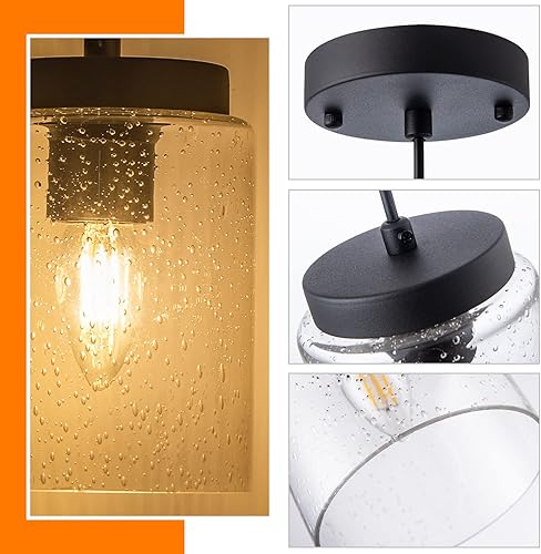 Miniatura 4 de Paquete de 3 lámparas colgantes de vidrio semillado, iluminación colgante negra, moderna, mini iluminación colgante, cable ajustable para cocina,