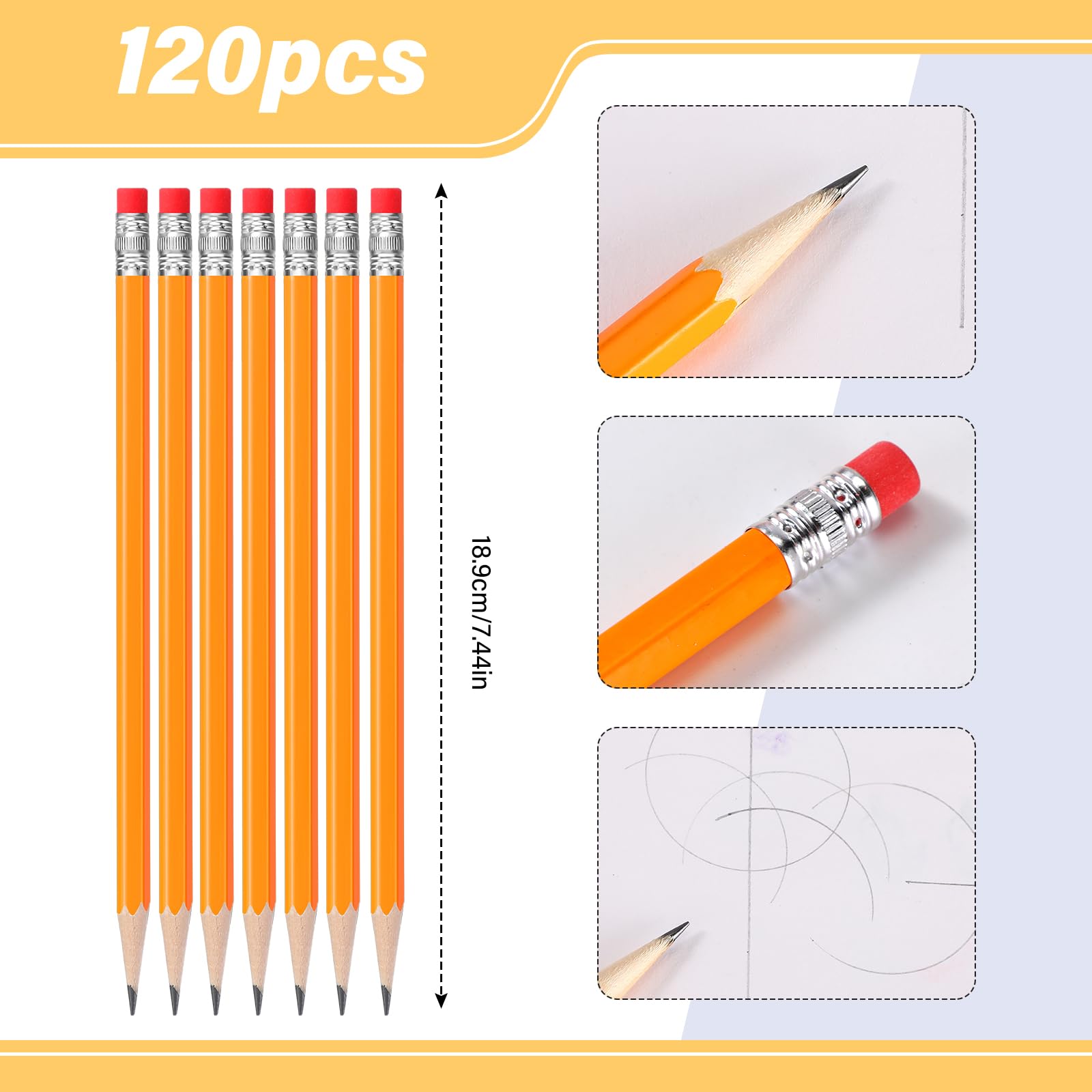 TecUnite Lot de 120 crayons HB non taillés avec gomme - Crayons hexagonaux en bois pour enfants et adultes - Crayons graphite pour examens, école, bureau, croquis (jaune, argent, simple)