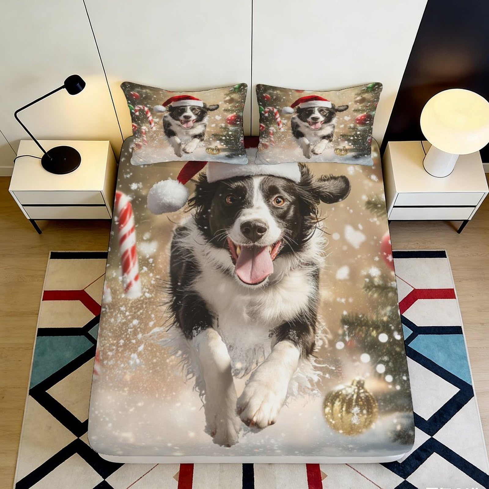 3D Printed Christmas Dog Fitted Sheet Microfiber Anti-Slip Bed Cover Santa Hat for Bedroom Dorm Mattress Protection 200x200x25cm