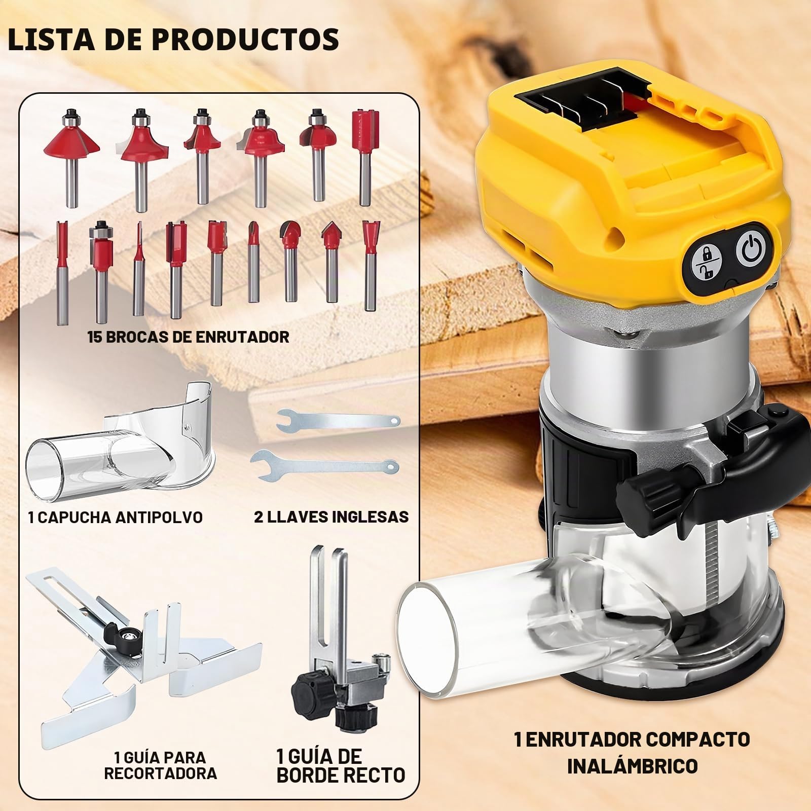 Enrutador inalámbrico compatible con batería Dewalt de 18 V y 20 V, 800 W, 30000 rpm, recortadora de madera sin escobillas con 6 velocidades, cortador de bordes de base de aluminio con 15 brocas de