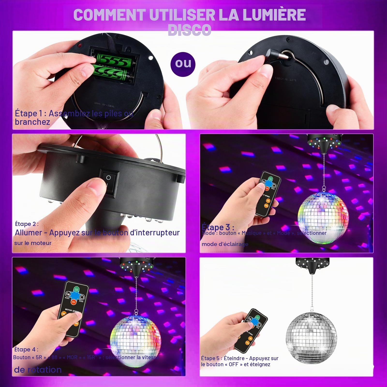Moteur de rotation de boule à facettes Amélioré Moteur pour boule à facettes réglable 5/8/10/15 tr/min, Supporte la suspension de boules à facettes de 15-38 cm Peut être utilisé pour créer un
